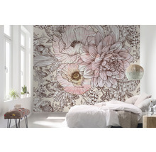 Schlafzimmer mit grossflächiger Blumentapete mit Mohnblumen und Dahlien