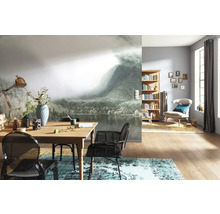 Wohnzimmer mit Fototapete Berglandschaft, Holztisch, Stühlen und Bücherregal