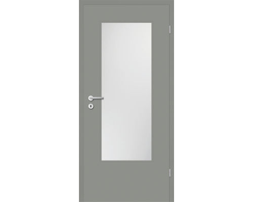 Porte intérieure grise avec insert en verre, poignée de porte et trou de serrure