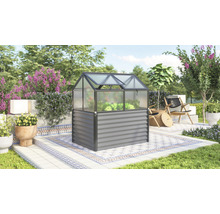 Jardinière surélevée avec serre sur une terrasse de jardin avec plantes et meubles de jardin