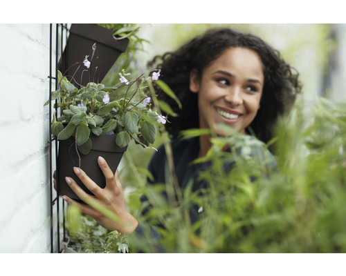 Frau bepflanzt einen schwarzen Pflanztopf an einer vertikalen Gartenwand