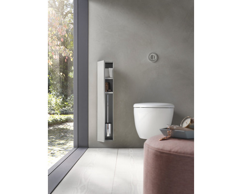 Salle de bain moderne avec toilettes, brosse de toilette et étagère de rangement