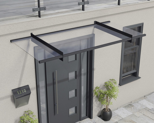 Eingangsbereich mit Vordach aus Glas und Stahl