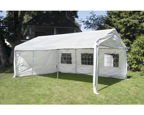 Weißes Partyzelt mit Fenster auf einer Wiese