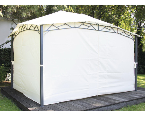 Tente de jardin avec parois latérales opaques sur terrasse en bois