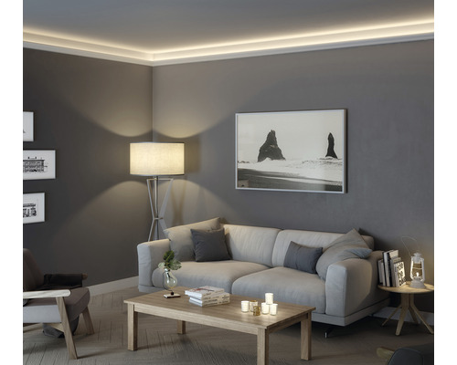 Salon avec plafonnier, canapé, table et décoration