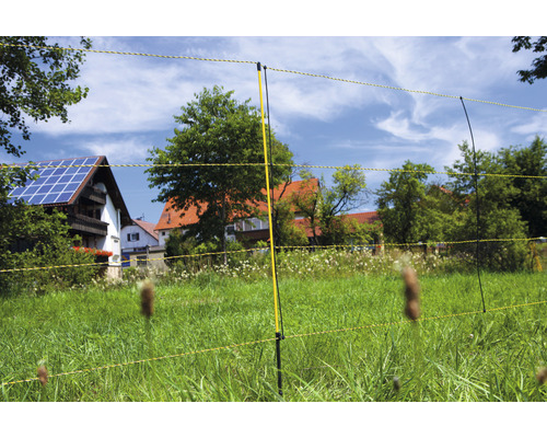 Clôture électrique avec fils jaunes et piquets noirs dans l''herbe verte