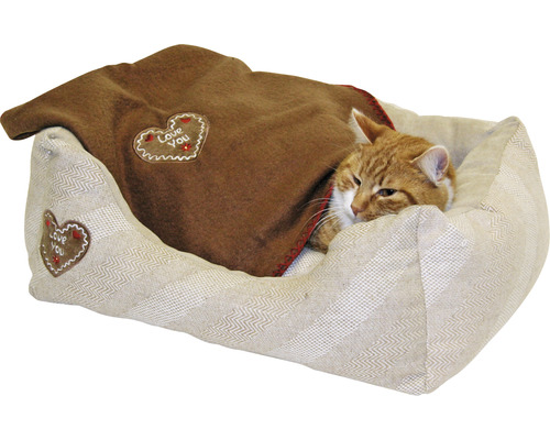Katze liegt in Katzenbett mit Decke und Herzapplikation