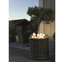 Panier décoratif en osier avec des lumières d''ours en peluche à l''extérieur.