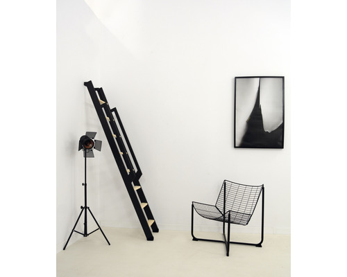 Pièce avec échelle noire, lampe, chaise et tableau encadré