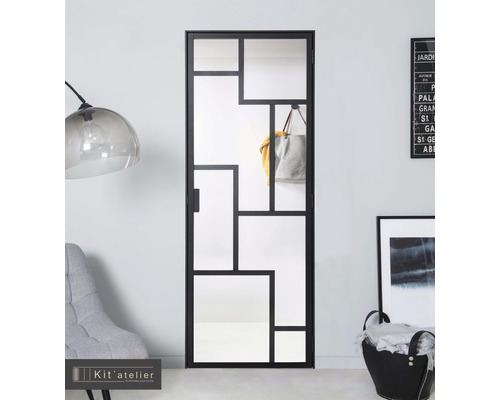 Porte intérieure avec cadre en acier et panneaux de verre au design géométrique