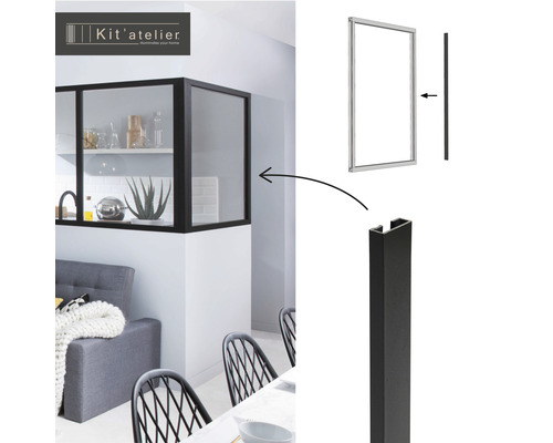 Raumteiler mit schwarzem Rahmen und Glaseinsatz sowie Detailansicht von Rahmen und Montageprofil