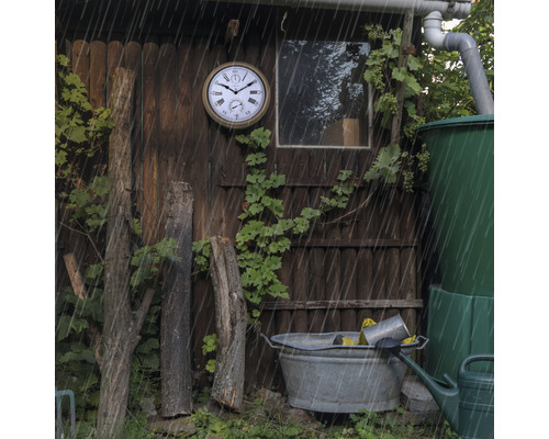 Szene im Garten bei Regen mit einer Uhr, einer Wanne und einem Wasserbehälter vor einer Holzwand.