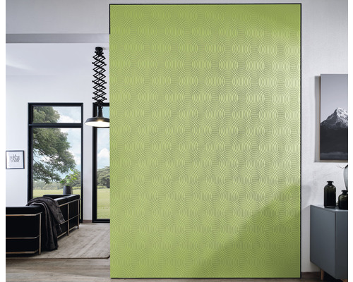 Porte coulissante verte à motifs dans un salon