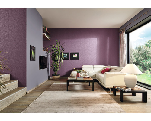 Salon avec canapé, table, tapis et plantes d''intérieur devant un mur à motifs
