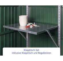 Klapptisch Set inklusive Klapptisch und Regalleisten im Geräteschuppen mit Blumentöpfen und Gartenhandschuhen