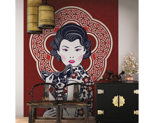 Image murale avec une femme et un chien dans un style asiatique dans une pièce décorée