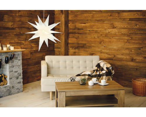 Wohnzimmer mit Sofa, Tisch, Kamin und sternförmiger Lampe vor Holzwand