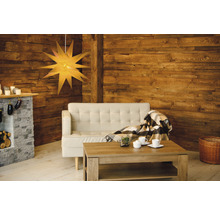 Wohnzimmer mit Sofa, Holzwand und Sternleuchte