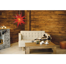 Wohnzimmer mit Sofa, Holzwand, Couchtisch, Kamin und rotem Stern