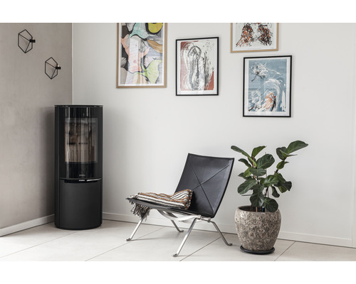 Salon avec poêle à bois, fauteuil, plante d''intérieur et décoration murale