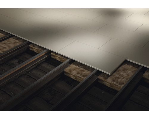 Verlegung von Trockenestrich auf Holzbalkendecke mit Dämmung