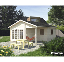 Holzgartenhaus mit Terrasse, Gartentisch und Bänken