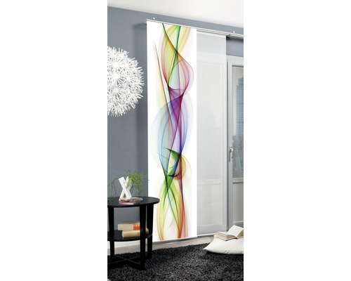 Vue d''une pièce avec un rideau coulissant au design coloré