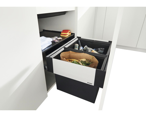 Tiroir de meuble de cuisine avec poubelle et logo Blanco