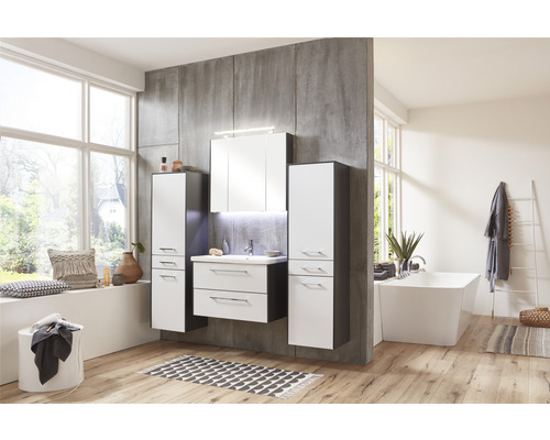 Modernes Badezimmer mit Waschtisch, Spiegelschrank und Hochschränken in Weiß und Anthrazit