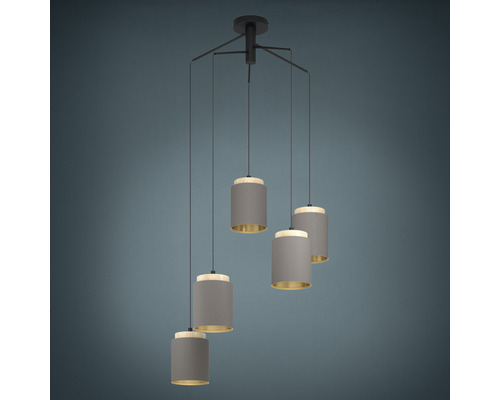 Hängelampe mit fünf grauen Zylinderschirmen und goldfarbener Innenseite