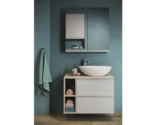 Modernes Badezimmer mit Waschtisch, Aufsatzwaschbecken, Spiegelschrank und Handtüchern.