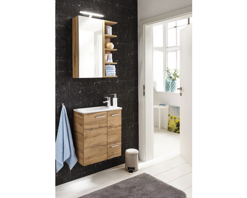 Salle de bains moderne avec meuble-lavabo, armoire de toilette et étagères