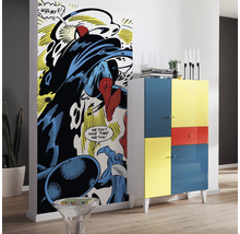 Zimmer mit Spiderman-Türposter und buntem Schrank