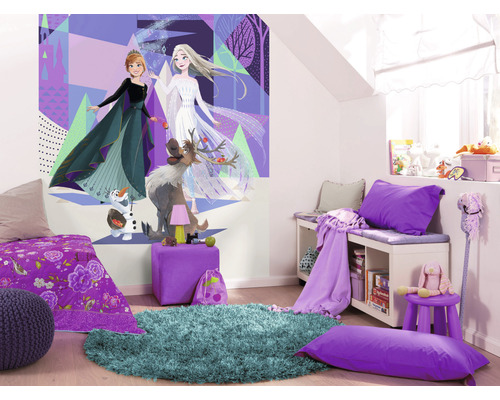 Chambre d''enfant avec une peinture murale d''Anna et Elsa du film La Reine des neiges, lit, tapis et meubles
