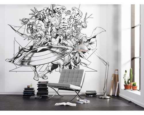 Salon avec sticker mural Marvel Avengers, fauteuil et lampadaire