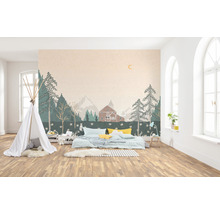 Kinderzimmer mit Waldtapete, Spielzelt und Bett
