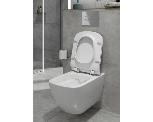 Wandhängendes WC mit offenem Spülrand und Toilettendeckel im Badezimmer