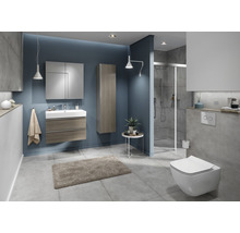 Modernes Badezimmer mit Waschtisch, Spiegelschrank, Hängeschrank, Dusche und Hänge-WC.