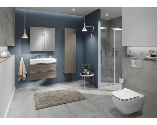Salle de bains moderne avec meuble-lavabo, armoire de toilette, armoire suspendue, douche et WC suspendu.