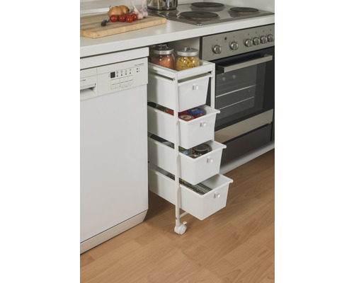Scène de cuisine avec un chariot de cuisine blanc avec quatre tiroirs de rangement