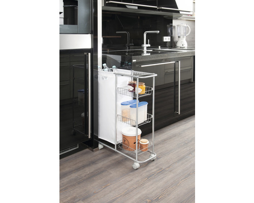 Chariot de cuisine avec quatre étagères et un sac à linge pour ranger les ustensiles de cuisine