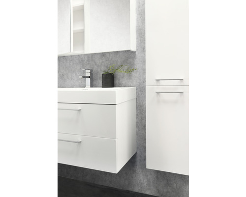 Salle de bains avec meuble sous-lavabo, lavabo, armoire de toilette et armoire haute