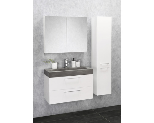 Ensemble de salle de bains avec meuble sous-lavabo, lavabo, armoire de toilette et armoire haute