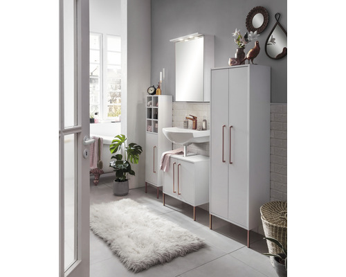 Badezimmer mit Waschtisch, Spiegelschrank, Hochschrank und Teppich