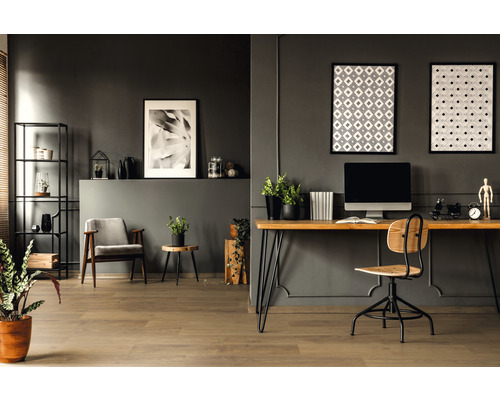 Bureau avec bureau, chaise, étagères et décoration