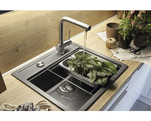 Évier de cuisine avec robinet, plateau à plantes et plantes