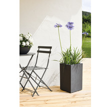 Arrangement mat engem Dësch, engem Stull an engem rechteckege Planzgefäss op enger Holzterrass.