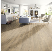 Espace de vie lumineux avec plancher en bois, canapé, fauteuils et cheminée.