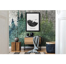 Salon décoratif avec papier peint à motifs de pierres et mobilier assorti